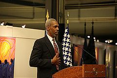 Holston speaking at opening reception. Photo: Eric Bridiers